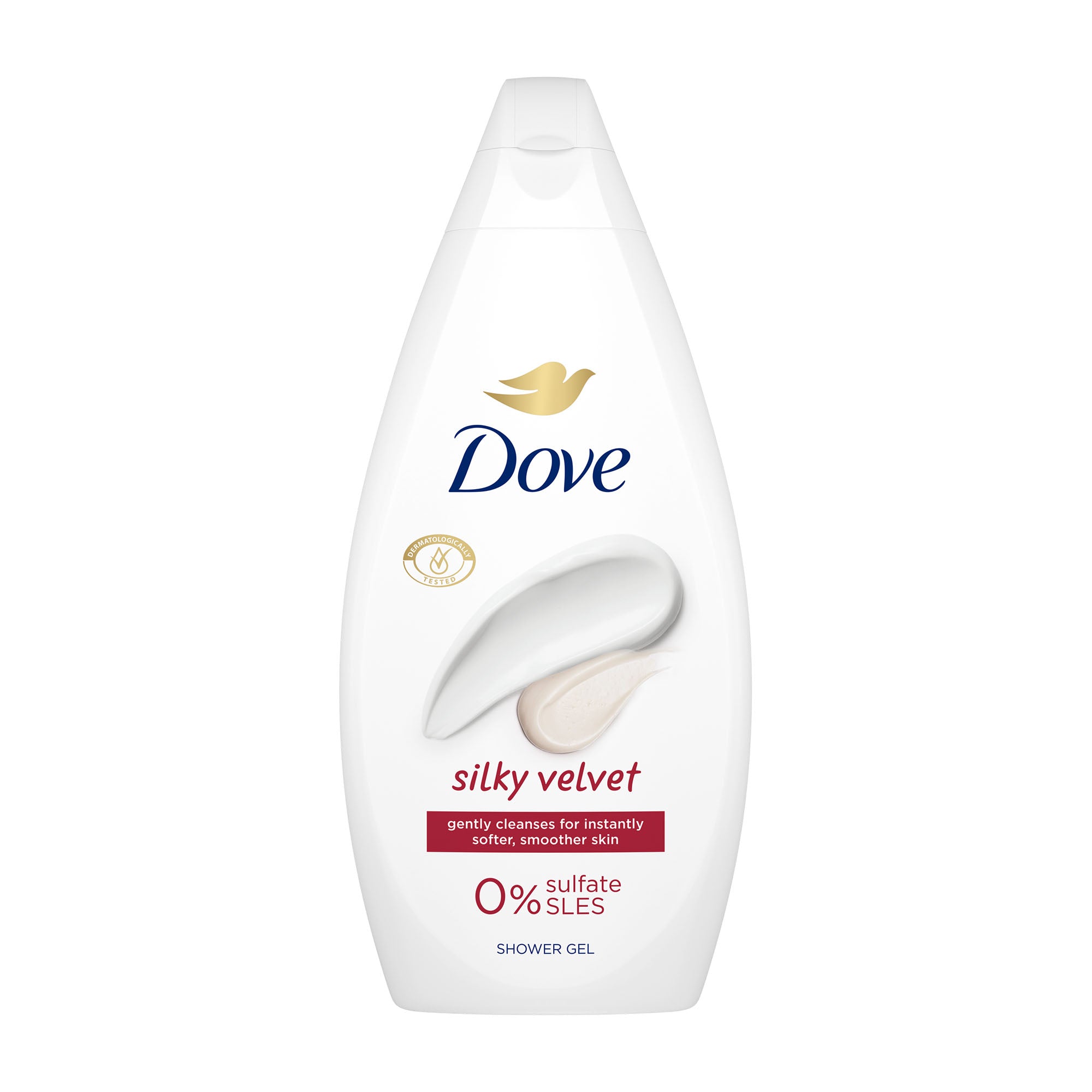 Dove silky velvet shower gel bottle on a white background