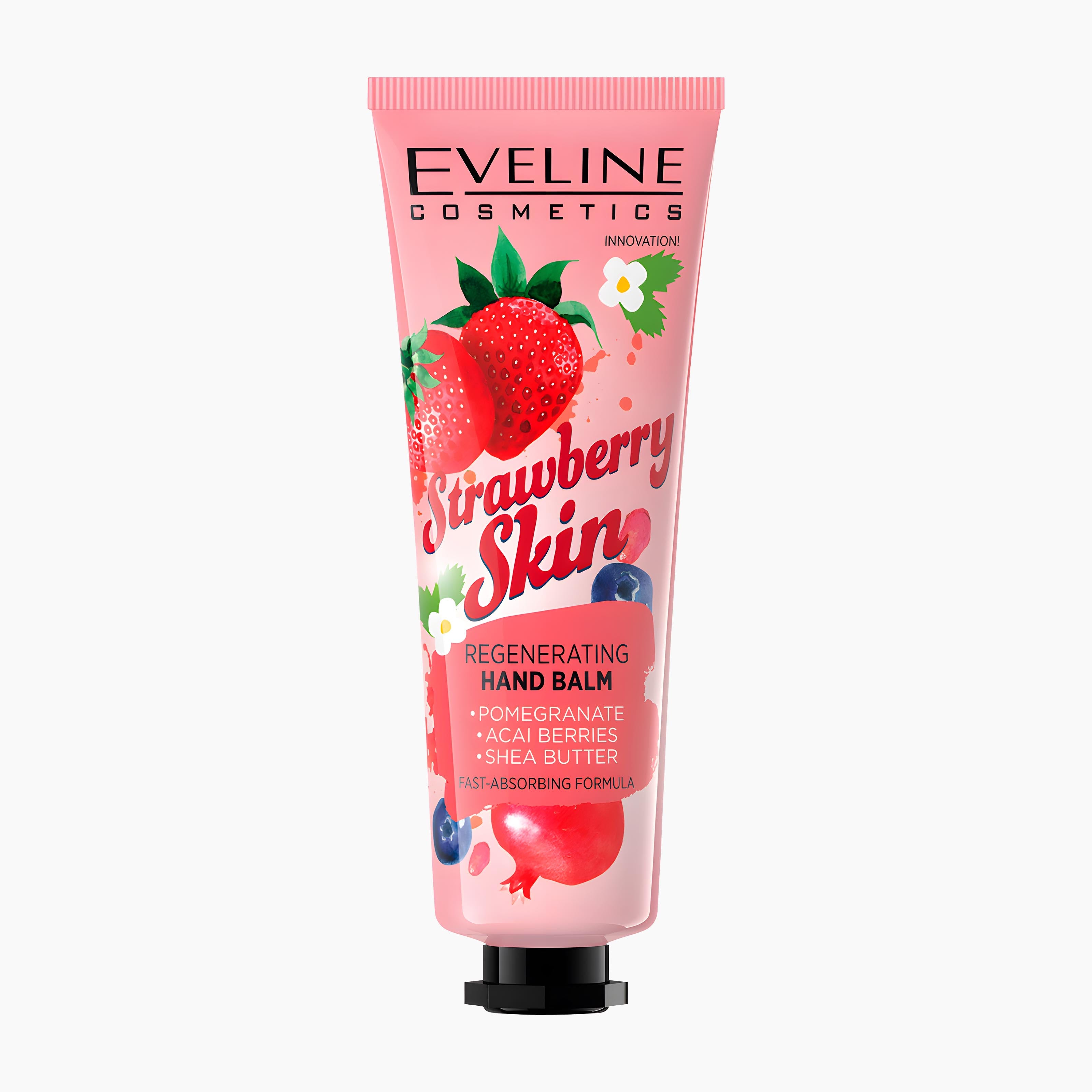 Eveline Cosmetics Strawberry Skin Regenerating Hand Balm tube on a light gray background.