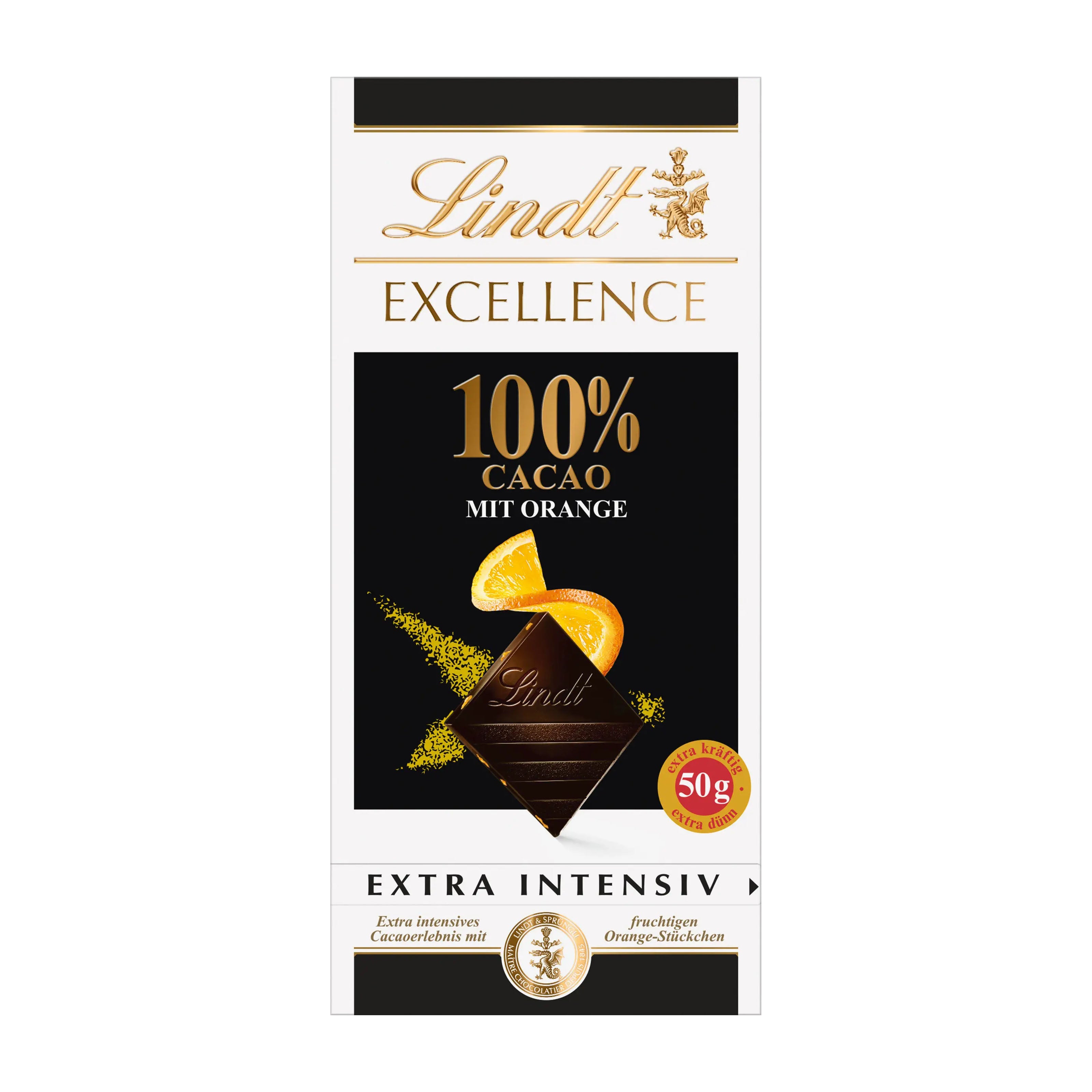 Lindt Excellence 100% Cacao with Orange dark chocolate bar packaging on a white background.