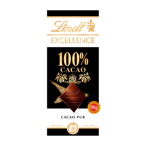 Lindt Excellence 100% Cacao chocolate bar packaging on a white background