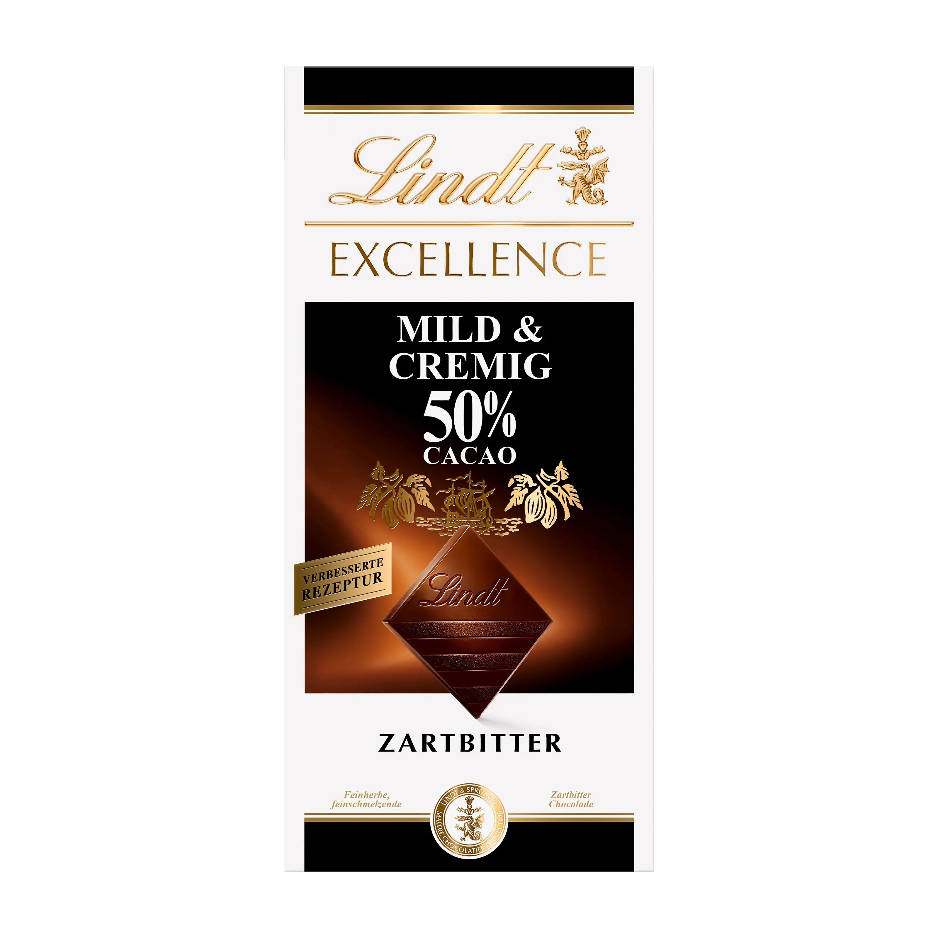 Lindt Excellence 50% Cacao Mild & Creamy dark chocolate bar packaging with branding and product details.