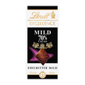 Packaging of Lindt Excellence 70% Cacao Mild dark chocolate bar, 100 g with branding and product information.