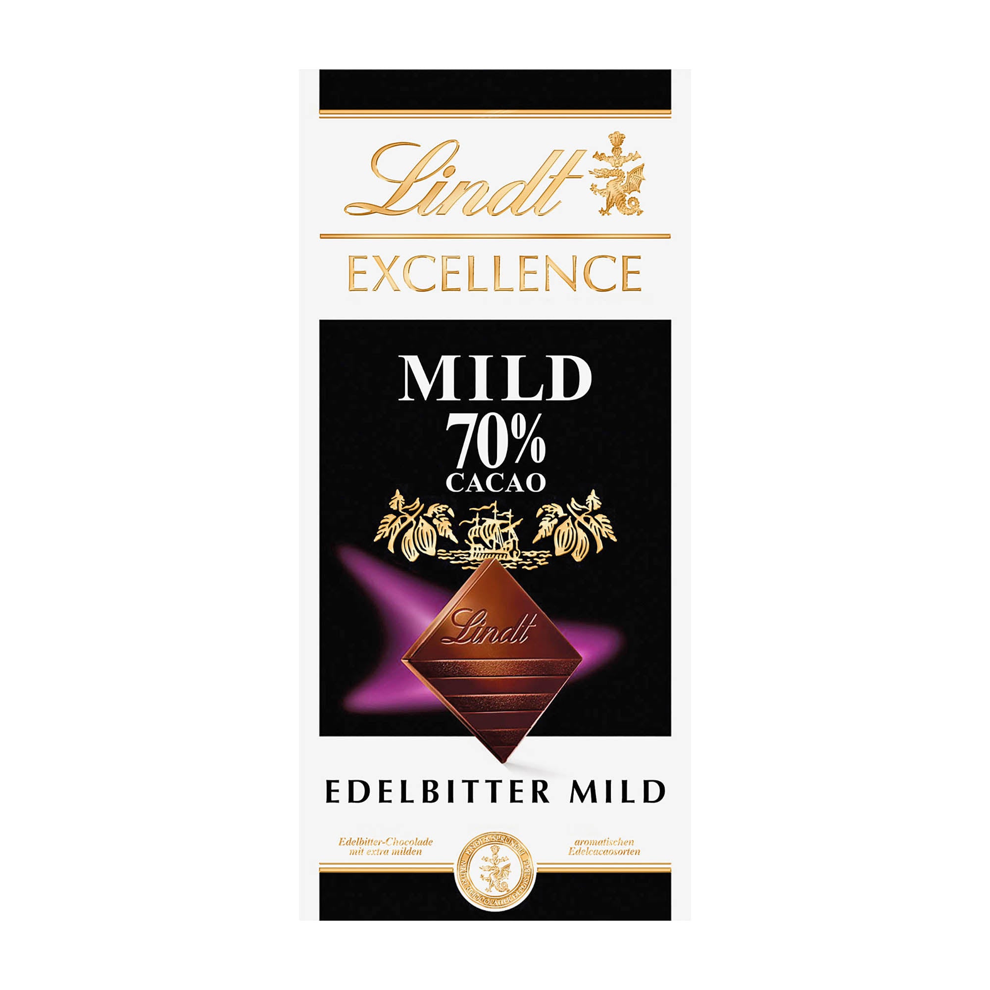 Packaging of Lindt Excellence 70% Cacao Mild dark chocolate bar, 100 g with branding and product information.