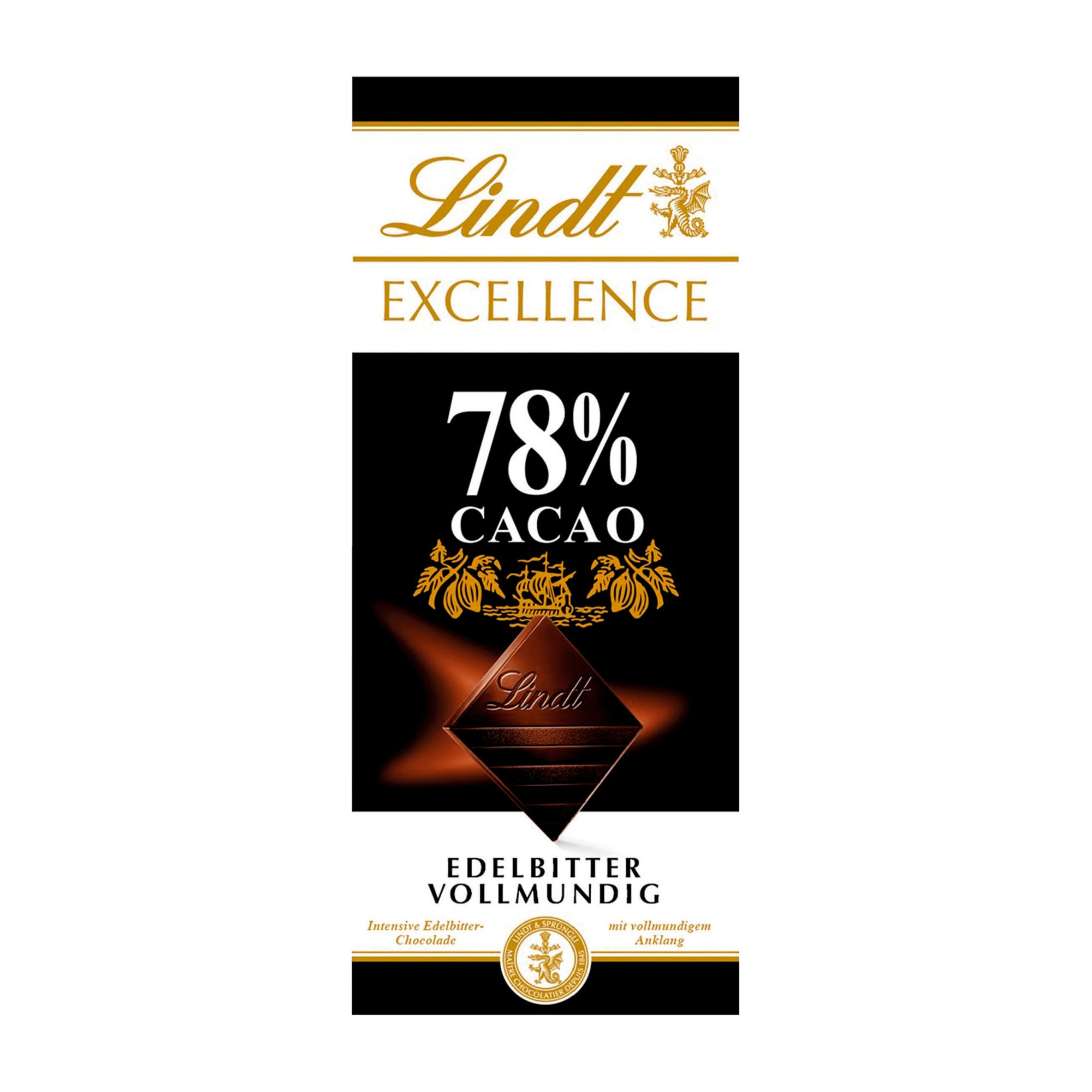 A bar of Lindt Excellence dark chocolate with 78% cacao content, indicating a full-bodied flavor, displayed against a white background.