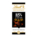 A image of a Lindt Excellence dark chocolate bar with 85% cacao, predominantly black and gold in color with white text, presented against a transparent background.