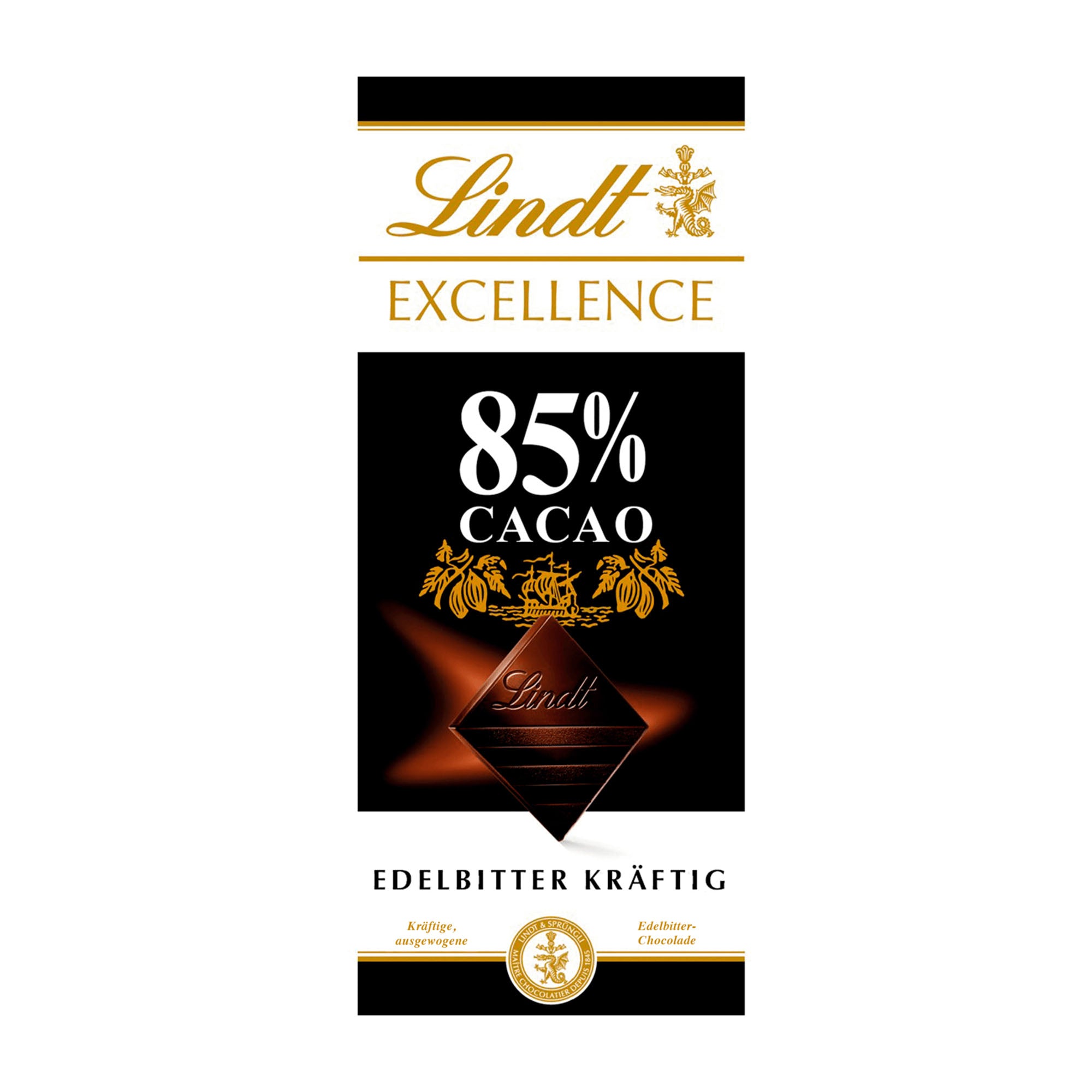 A image of a Lindt Excellence dark chocolate bar with 85% cacao, predominantly black and gold in color with white text, presented against a transparent background.