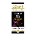 A bar of Lindt Excellence 85% Cacao Mild dark chocolate, 100 grams, with packaging predominantly black and gold in color.