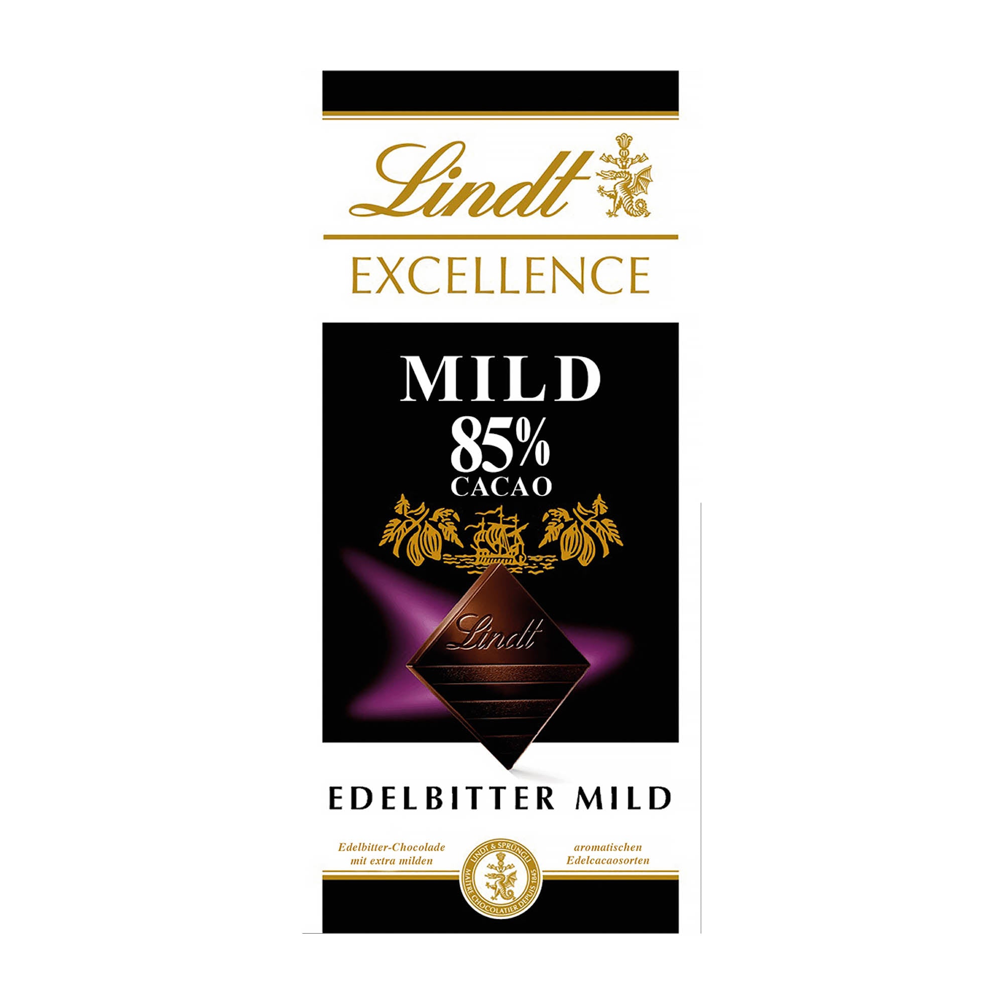 A bar of Lindt Excellence 85% Cacao Mild dark chocolate, 100 grams, with packaging predominantly black and gold in color.