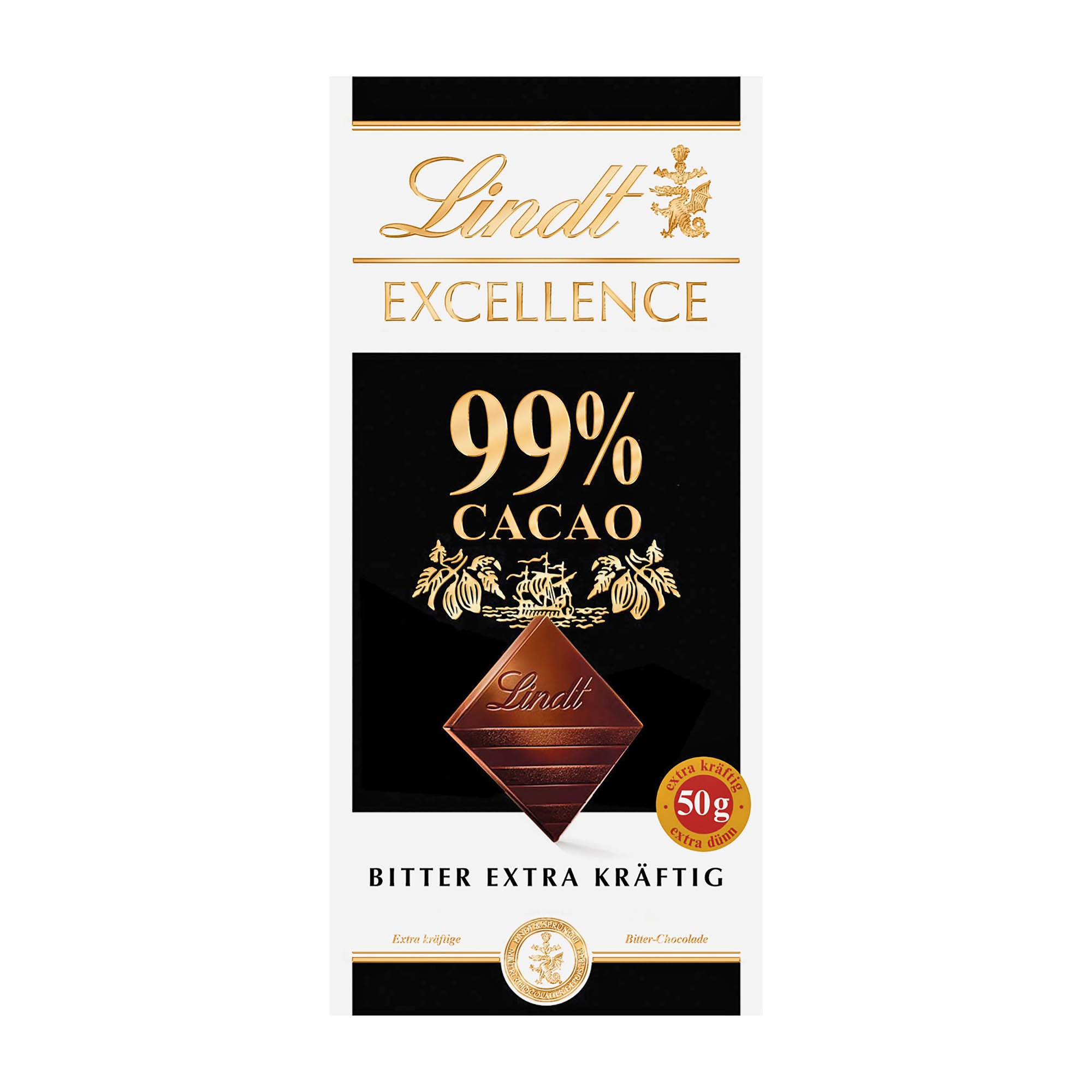 Lindt Excellence 99% Cacao chocolate bar packaging on a white background