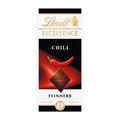 Packaging of Lindt Excellence Chili dark chocolate bar, 100 g, displaying the product name and a picture of a red chili pepper.