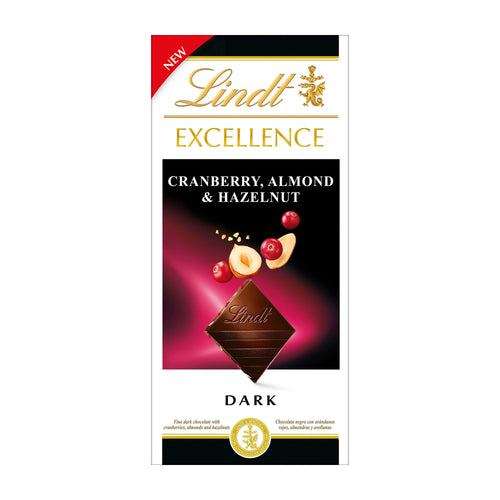 Lindt Excellence Cranberry, Almond & Hazelnut dark chocolate packaging on a white background