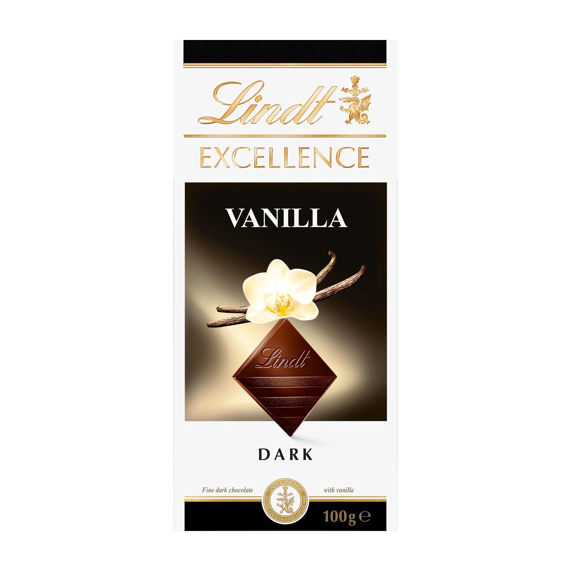 Lindt Excellence Vanilla Dark chocolate bar packaging on a white background