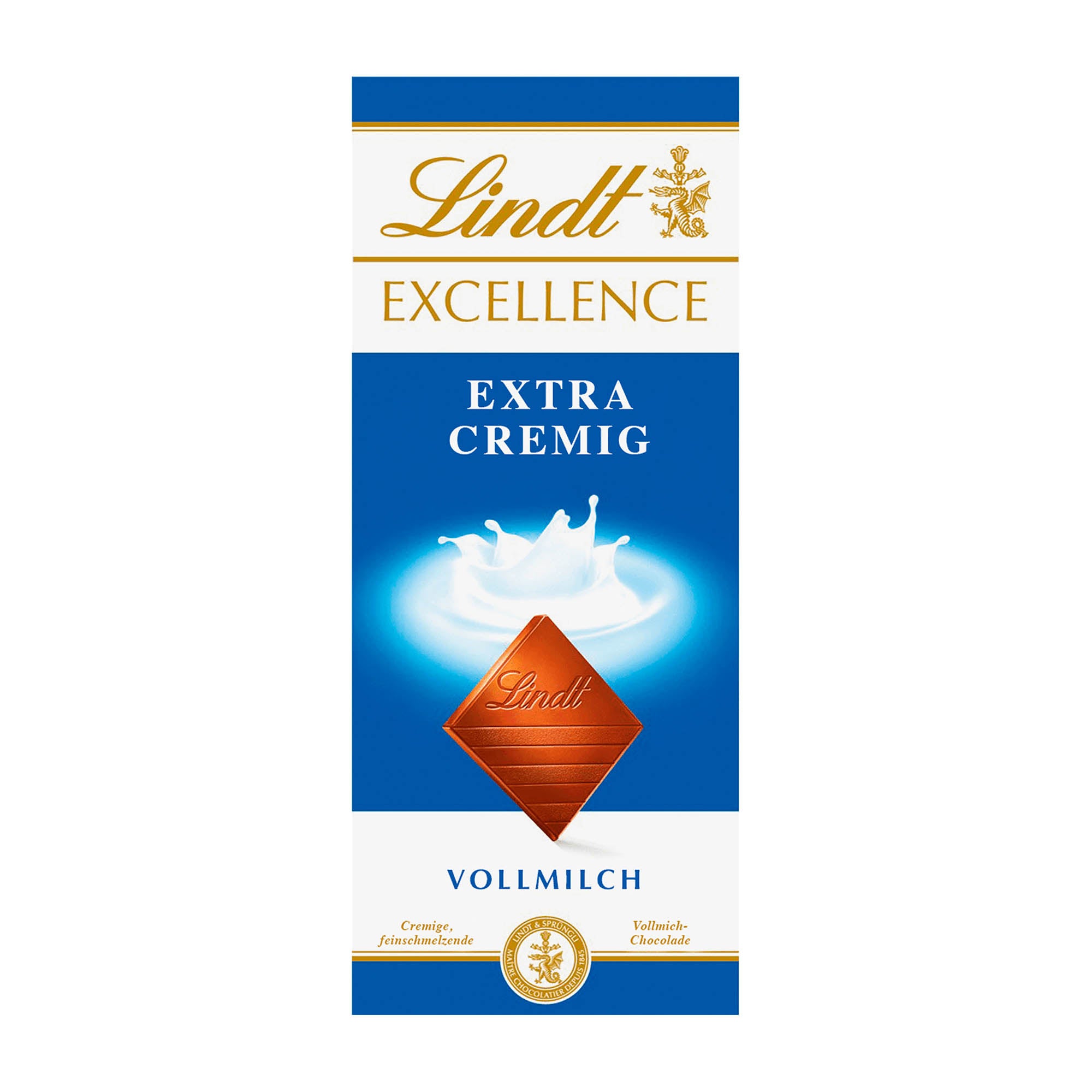 A bar of Lindt Excellence Extra Creamy milk chocolate. The packaging is predominantly blue with the Lindt logo at the top and a picture of the chocolate bar in a splash of milk at the bottom.