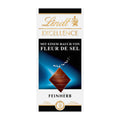 Packaging of Lindt Excellence Sea Salt dark chocolate bar, 100 g, with branding and product information.