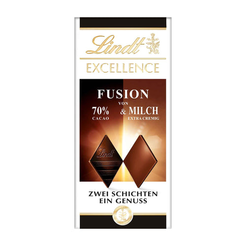 Lindt Excellence Fusion 70% dark & milk chocolate bar packaging on a white background