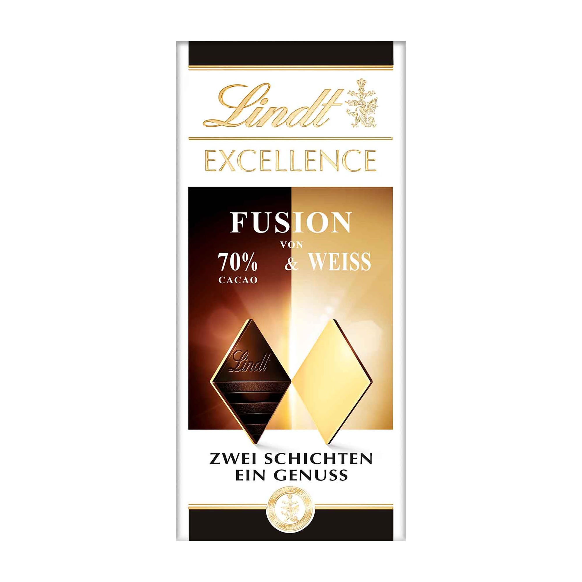 Lindt Excellence Fusion 70% Dark Chocolate & White chocolate bar packaging on a white background