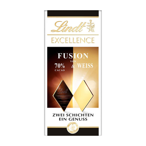 Lindt Excellence Fusion 70% Dark Chocolate & White chocolate bar packaging on a white background