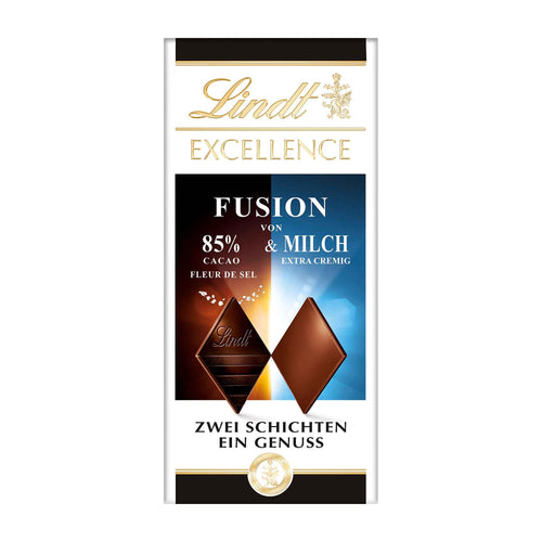 Lindt Excellence 85% Dark Fleur de Sel & Milk chocolate bar packaging on a white background