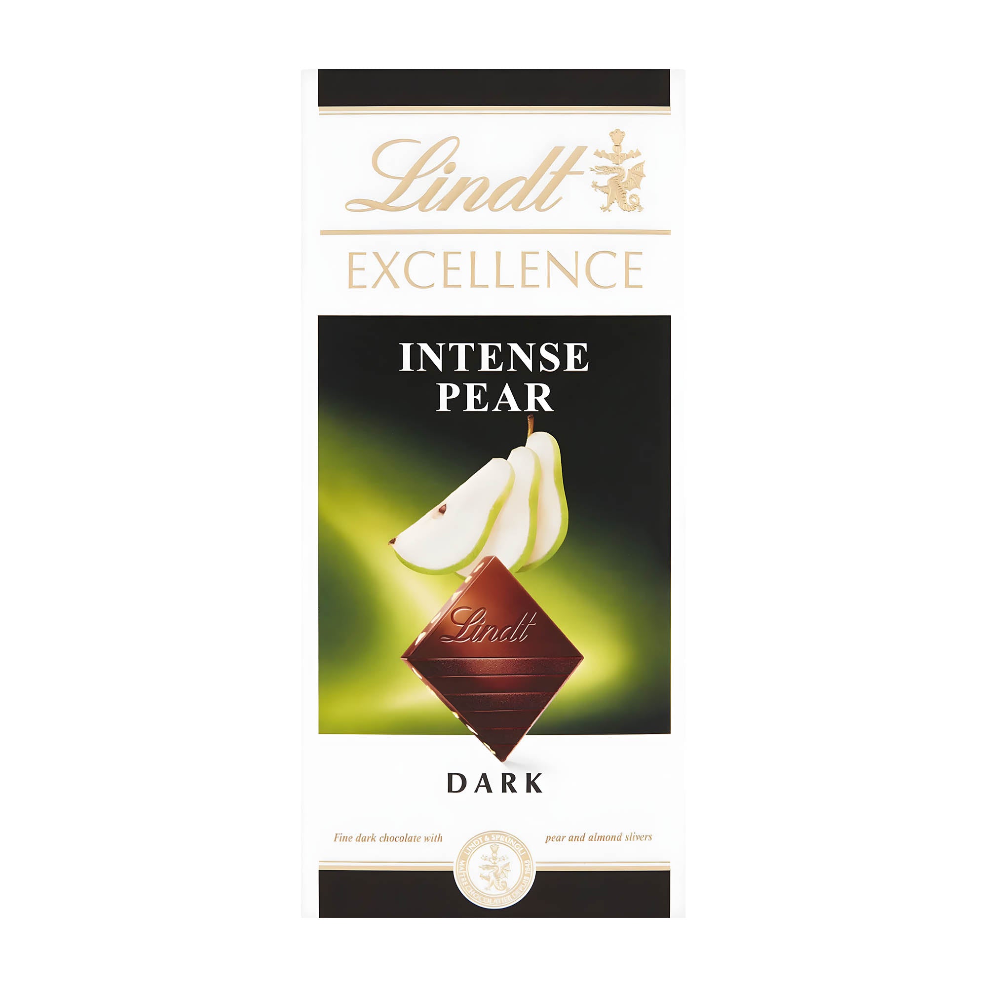 Packaging of Lindt Excellence Intense Pear dark chocolate bar, 100 g, displaying the product name and an image of a chocolate bar with pear pieces.