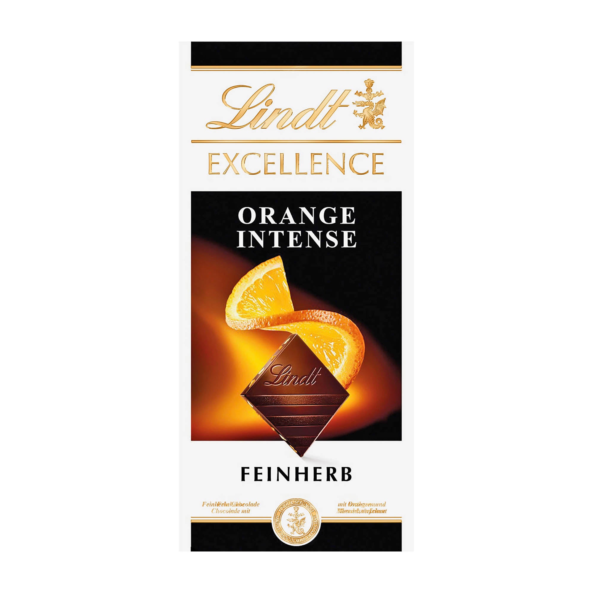 Packaging of Lindt Excellence Orange Intense dark chocolate bar, 100 g, showing the chocolate bar and orange pieces with the brand and product name.