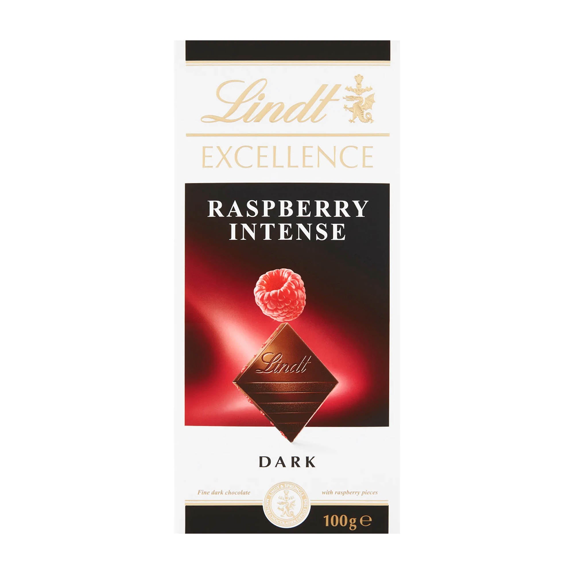 Packaging of Lindt Excellence Raspberry Intense dark chocolate bar, 100 g, displaying the product name and image of a raspberry on a dark background.
