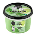 Container of Organic Shop Mint & Cucumber body scrub on a white background