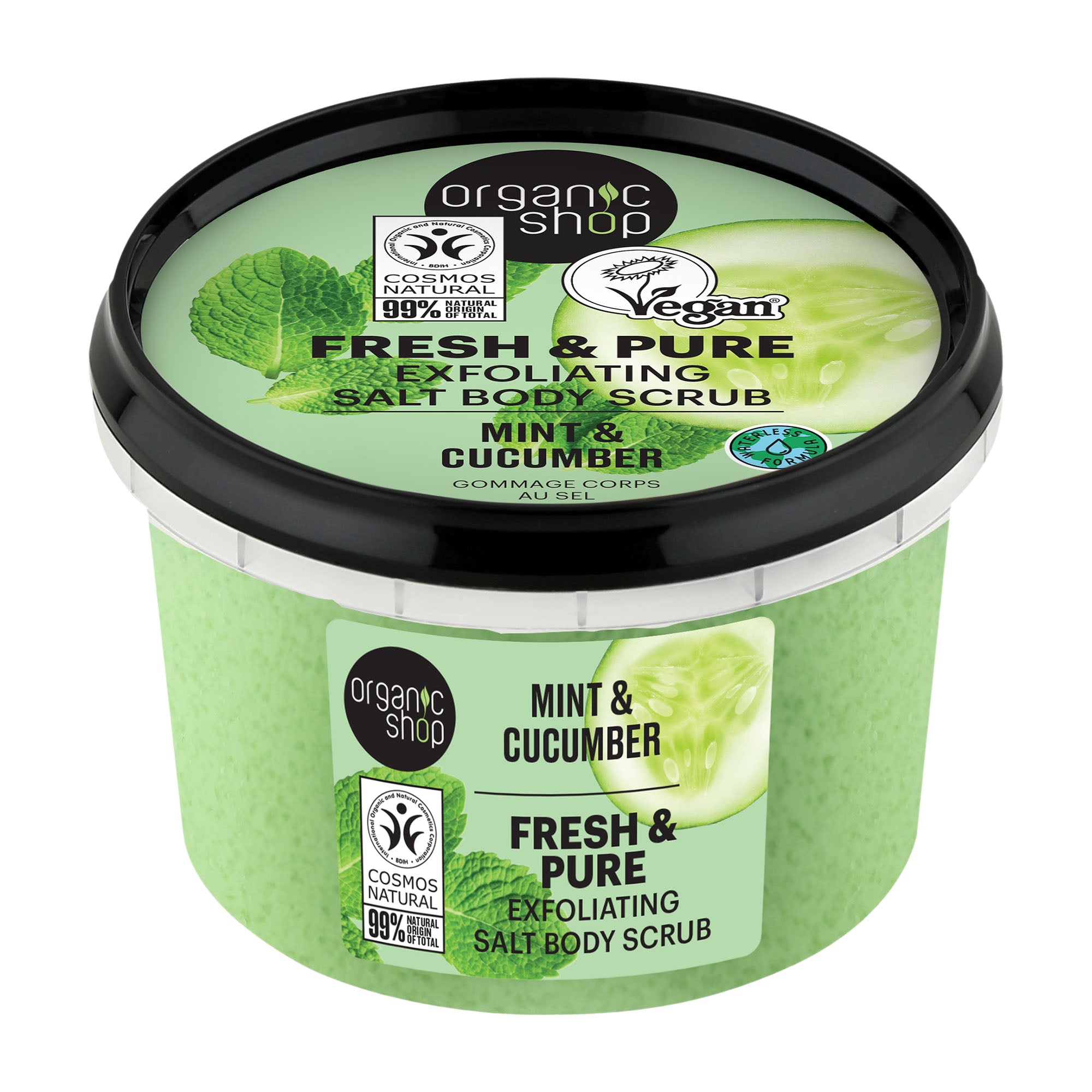 Container of Organic Shop Mint & Cucumber body scrub on a white background