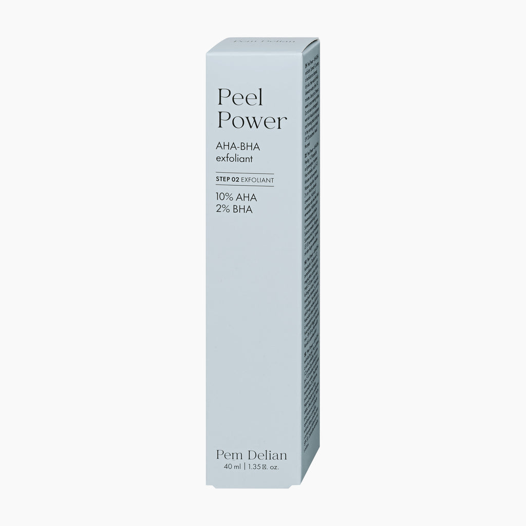 A tall, narrow rectangular box of Pem Delian Peel Power exfoliant, shown on a clean white background. The packaging is a very pale icy blue-gray with black text detailing the active ingredients AHA and BHA.