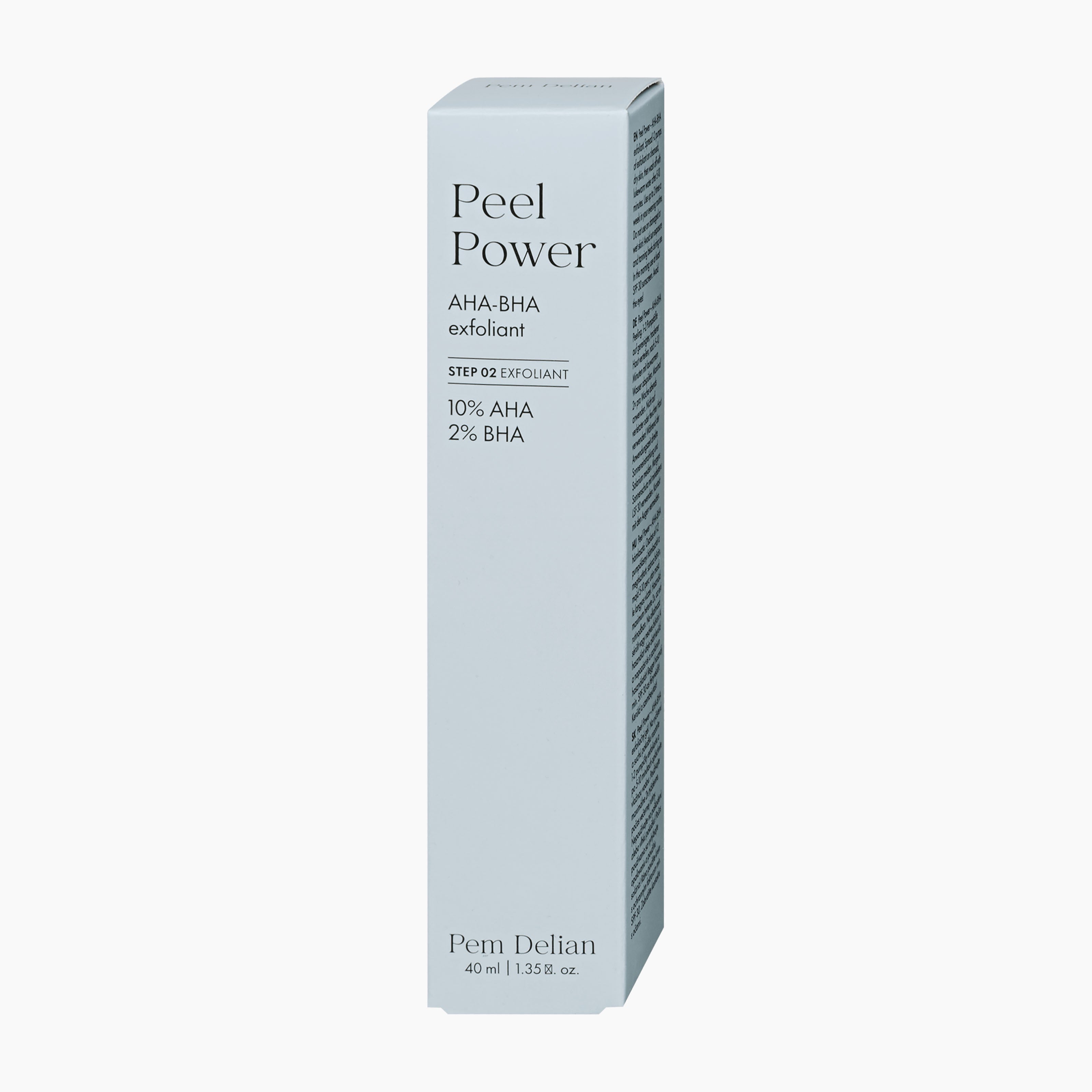 A tall, narrow rectangular box of Pem Delian Peel Power exfoliant, shown on a clean white background. The packaging is a very pale icy blue-gray with black text detailing the active ingredients AHA and BHA.