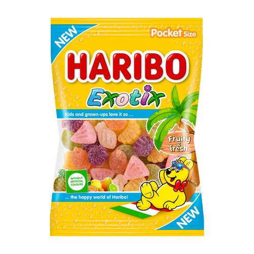 Haribo Exotix gummy candy package with colorful design and cartoon character on a white background