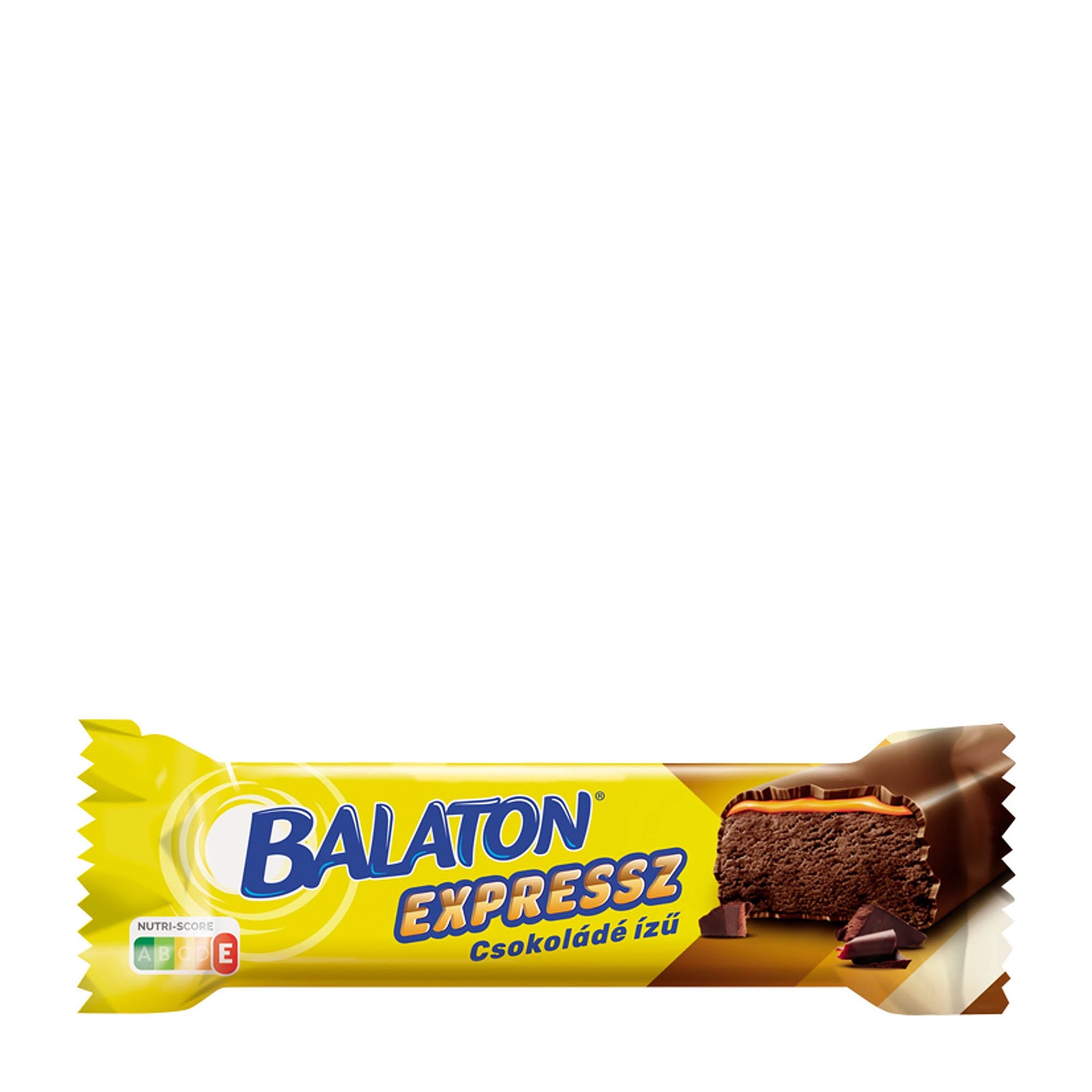 A Nestlé Balaton Express chocolate and caramel cocoa bar in a yellow wrapper.