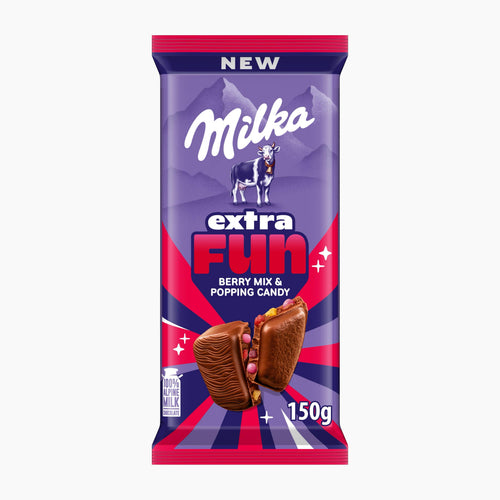 A 150g package of Milka Extra Fun Berry Mix & Popping Candy milk chocolate bar, featuring its signature purple and red wrapper with a cow illustration and chocolate candy graphics, set against a plain white background.