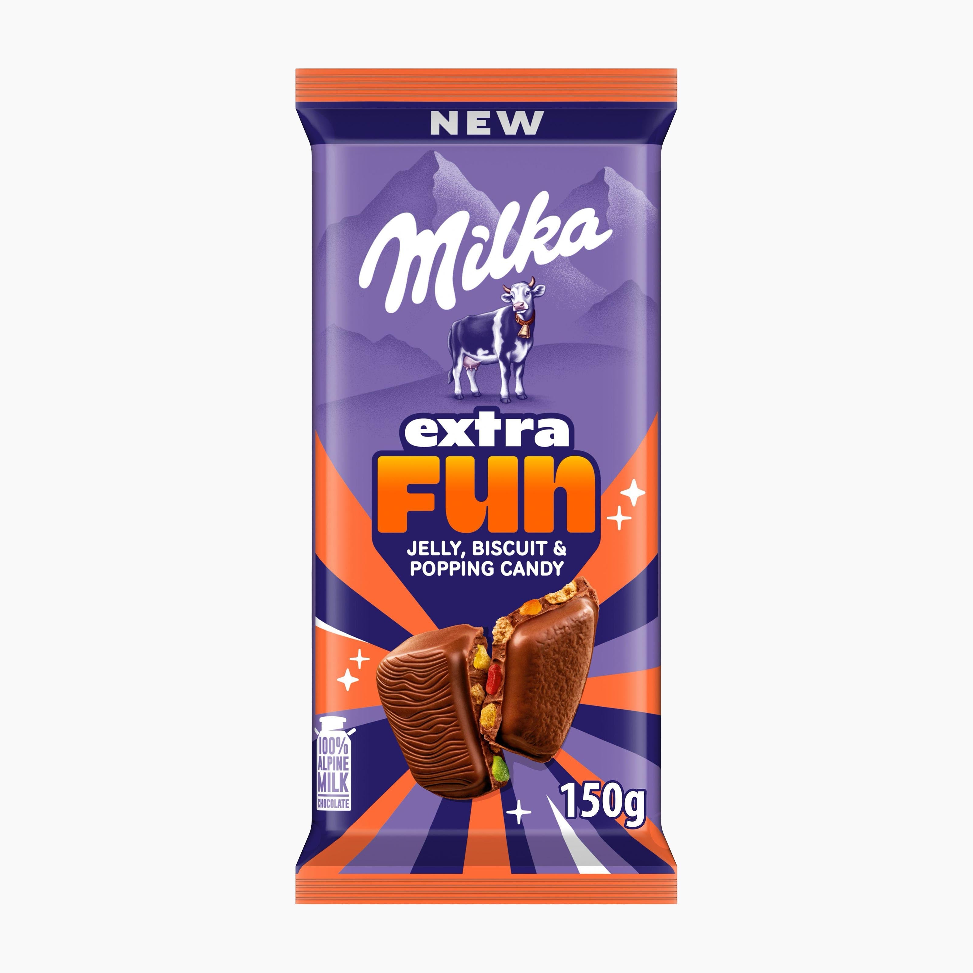 A 150g package of Milka Extra Fun Jelly, Biscuit & Popping Candy milk chocolate bar, featuring a purple and orange wrapper with the Milka logo and an illustration of the candy inside.