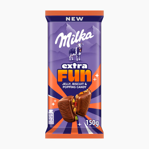 A 150g package of Milka Extra Fun Jelly, Biscuit & Popping Candy milk chocolate bar, featuring a purple and orange wrapper with the Milka logo and an illustration of the candy inside.