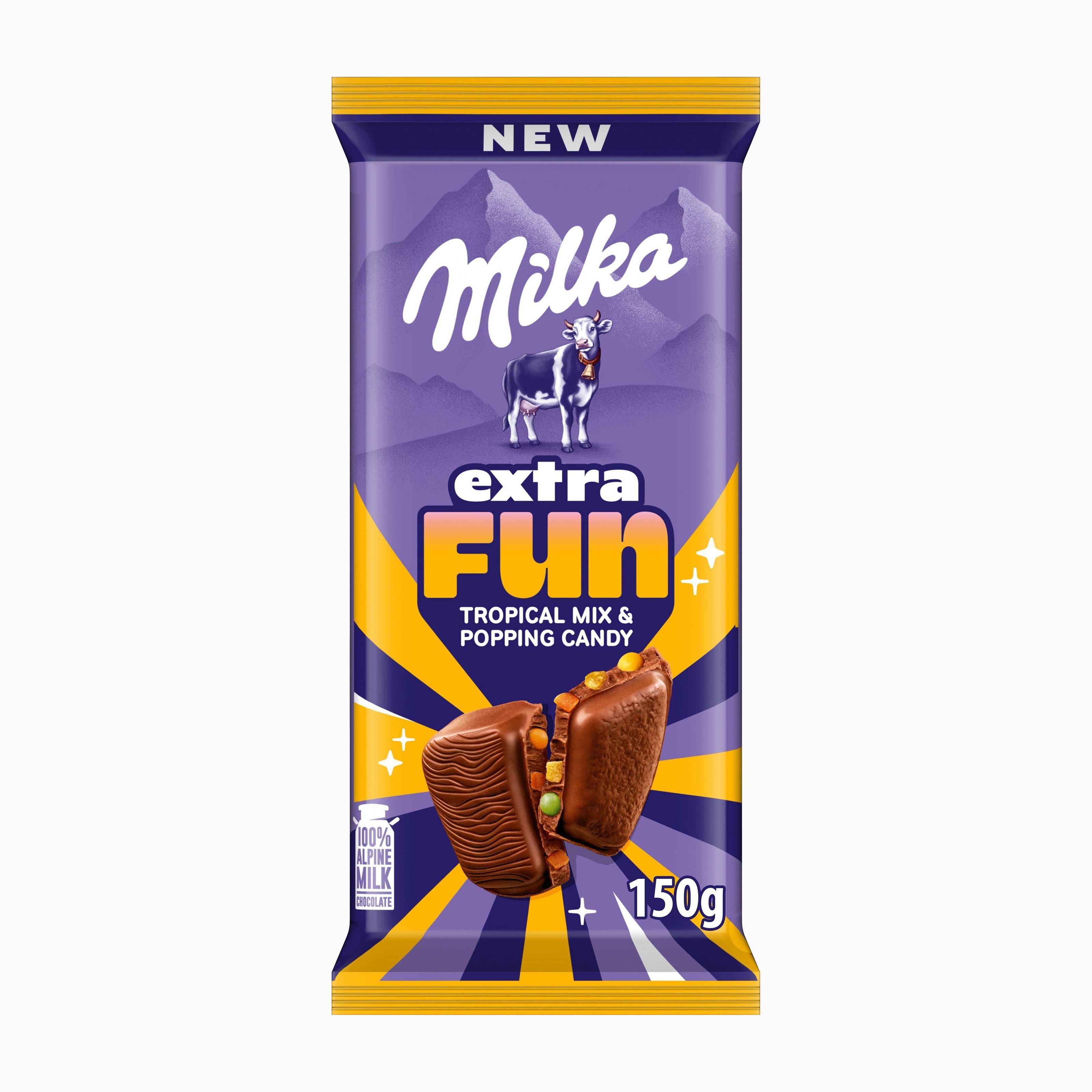 Milka Extra Fun Tropical Mix & Popping Candy milk chocolate bar packaging on a light gray background.
