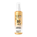 A bottle of Loreal Paris Elseve Extraordinary 10in1 Miracle Treatment, with a white and gold color scheme.