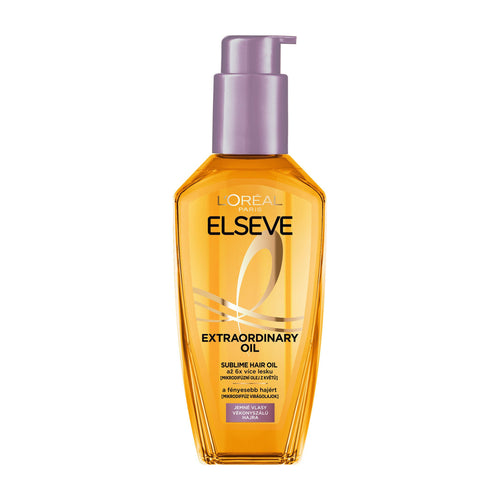 Pump bottle of L'Oreal Paris Elseve Extraordinary Oil Sublime Oil for Fine Hair on a white background.