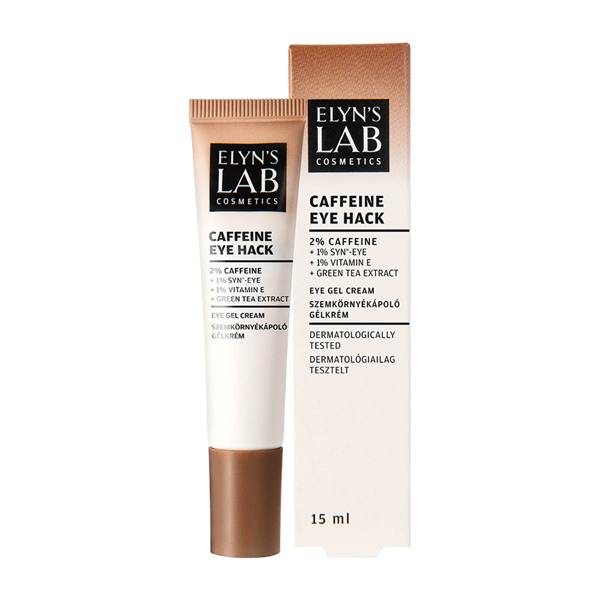 Elyn's Lab Caffeine Eye Hack Eye Gel Cream packaging, with the product visible in a peach-colored tube and brown cap, labeled as 15 mL.