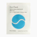 Pern Delian Eye Flash Peptide & Collagen eye patch packaging, featuring a white pouch with a blue crescent-shaped eye patch graphic and black text detailing the peptide and collagen hydrogel.
