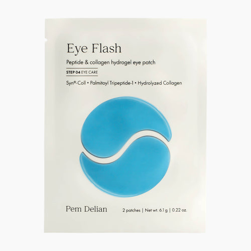 Pern Delian Eye Flash Peptide & Collagen eye patch packaging, featuring a white pouch with a blue crescent-shaped eye patch graphic and black text detailing the peptide and collagen hydrogel.