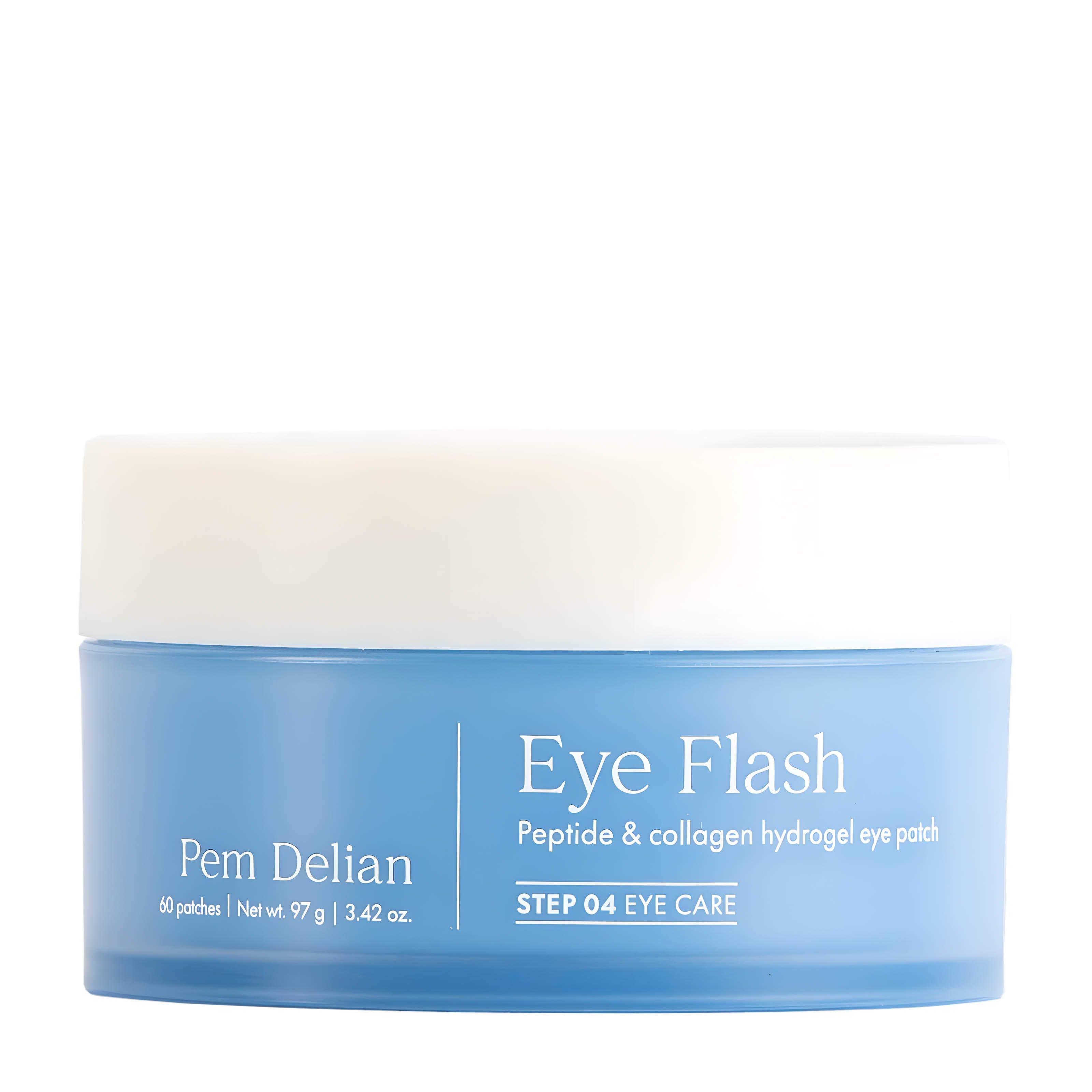 Jar of Pem Delian Eye Flash Peptide and collagen hydrogel eye patches on a white background