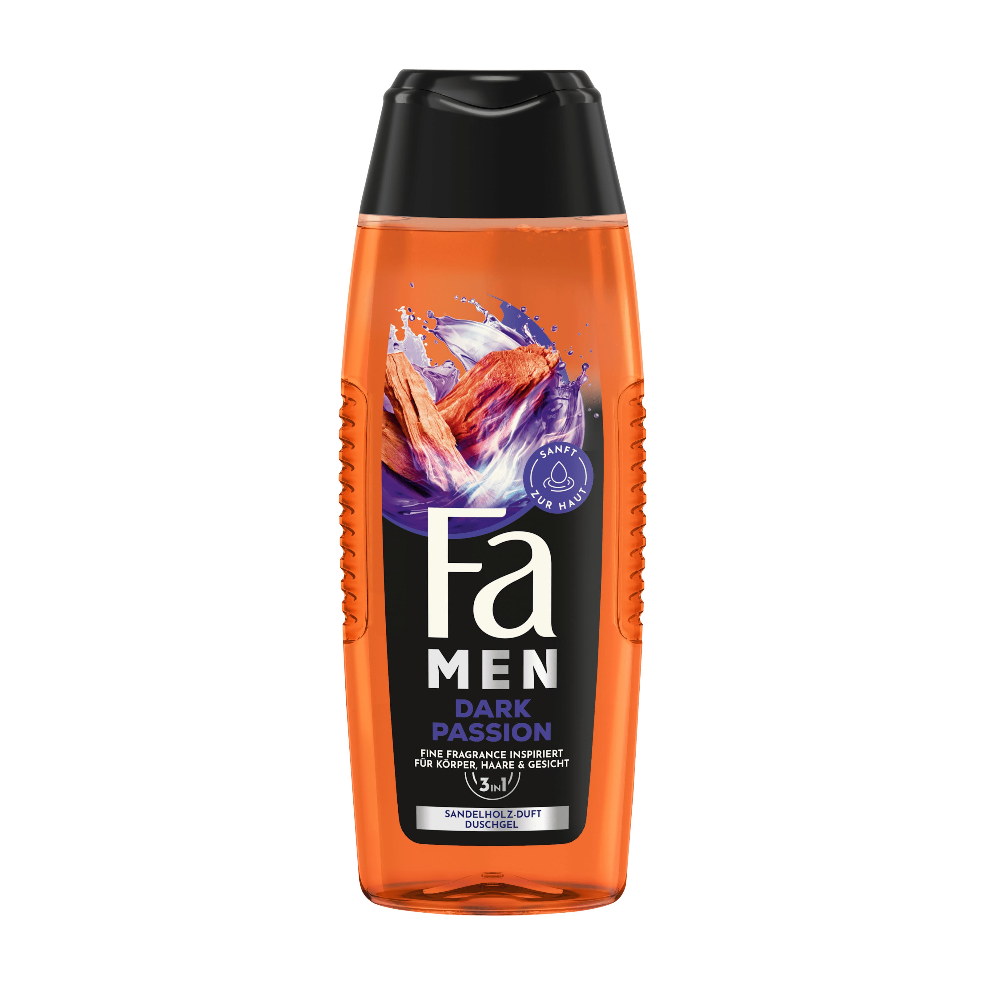 Plastic bottle of Fa Men Dark Passion body wash on a white background