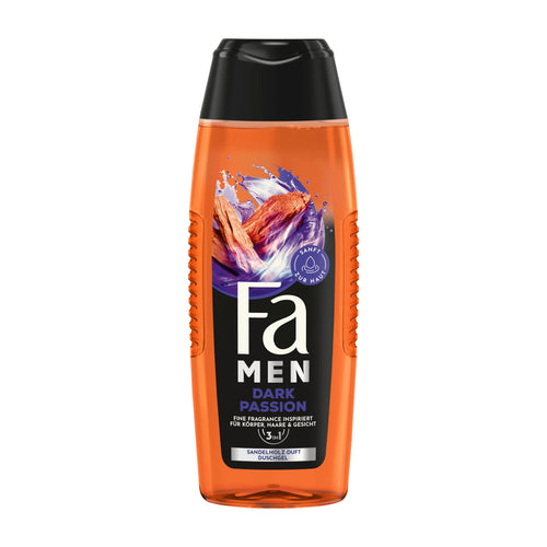 Plastic bottle of Fa Men Dark Passion body wash on a white background
