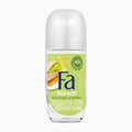 Fa Fresh + Dry Pistachio & Honey roll-on antiperspirant bottle with a clear cap and a green label, shown on a plain white background.