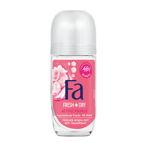 Fa Fresh + Dry Active Pearls anti-perspirant roll-on glass container with pink label on a white background