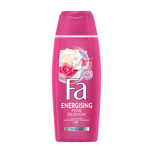 Pink bottle of Fa Energising Pink Passion shower cream on a white background