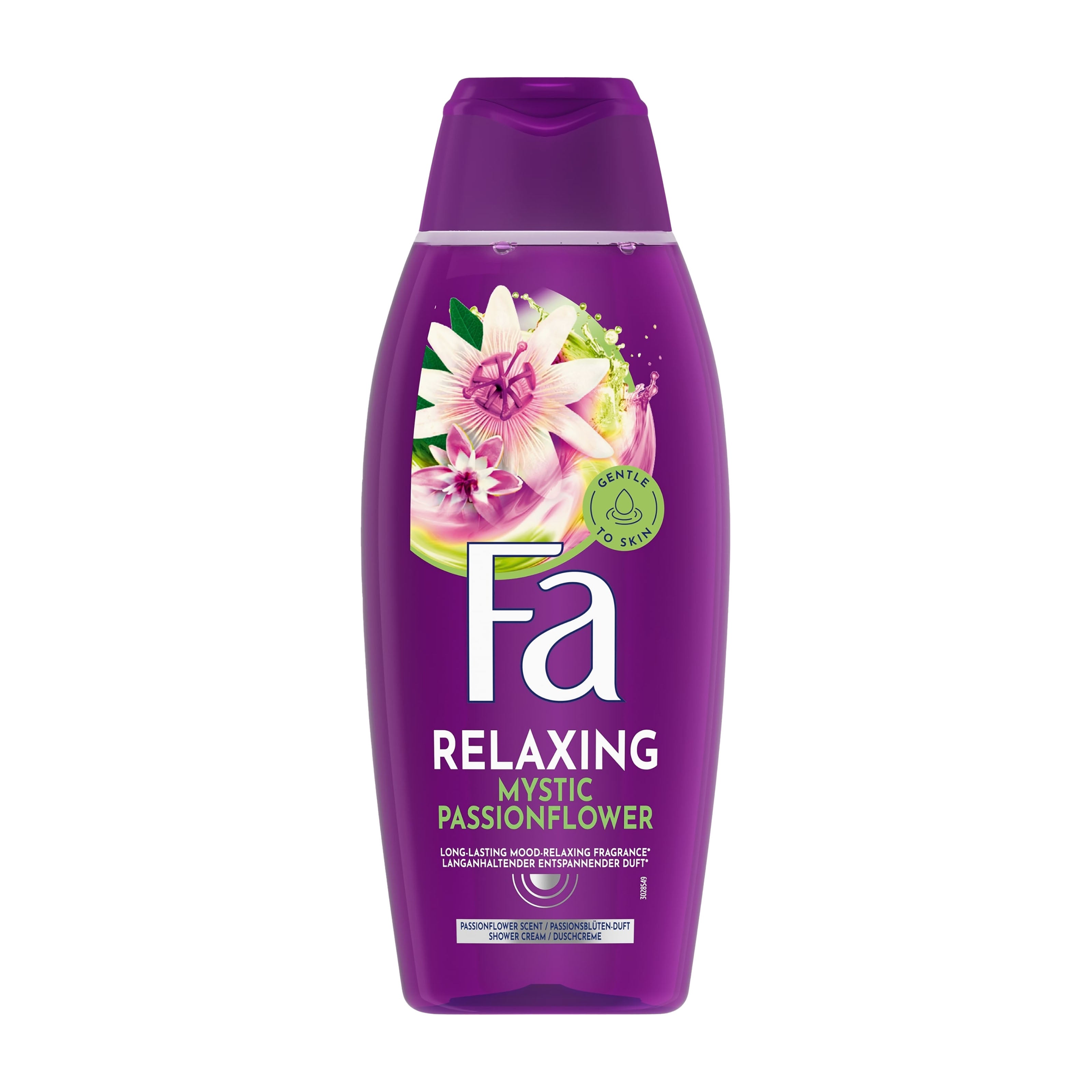 Plastic bottle of Fa Relaxing Mystic Passionflower shower cream on a white background
