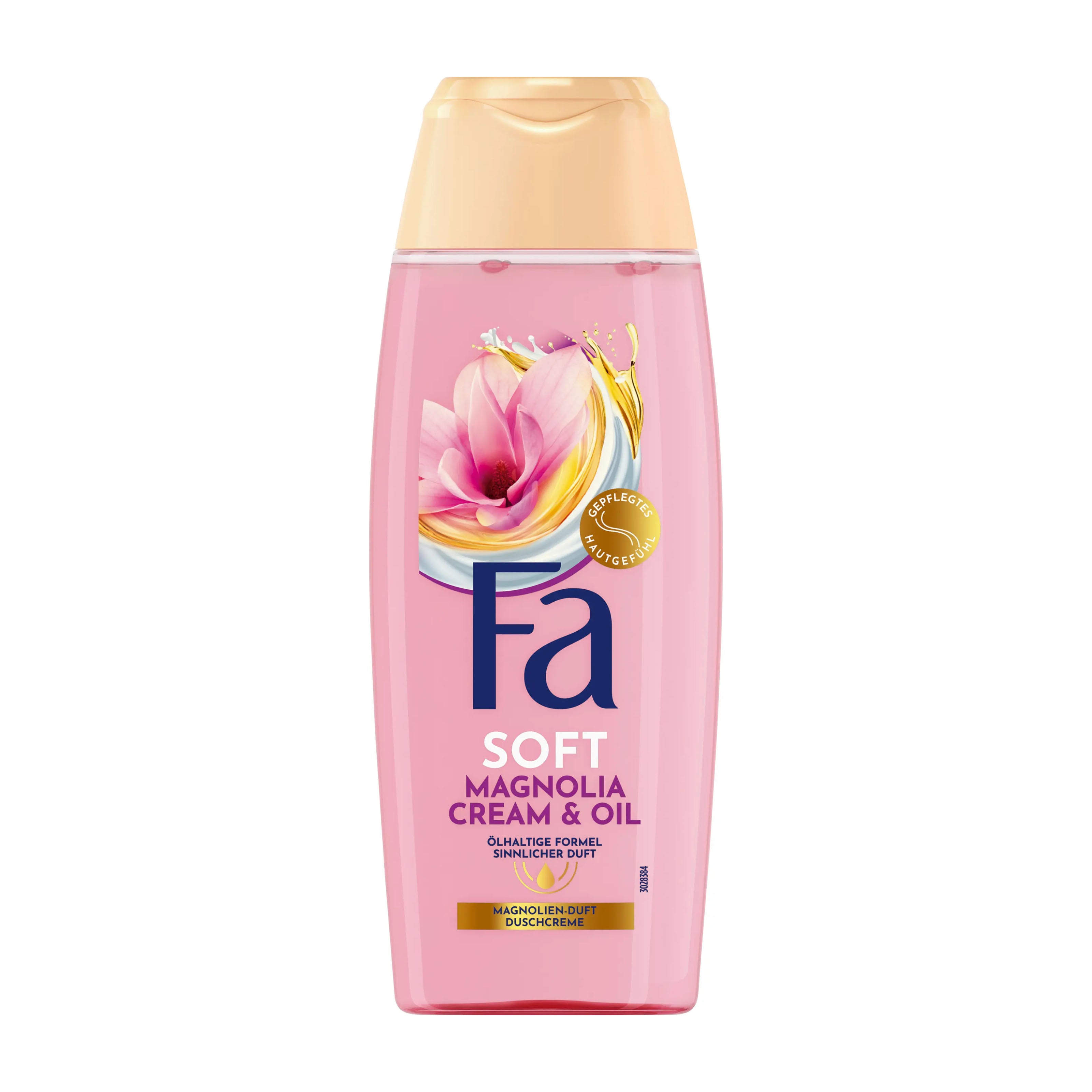 Plastic bottle of Fa Soft Magnolia Cream & Oil shower cream on a white background