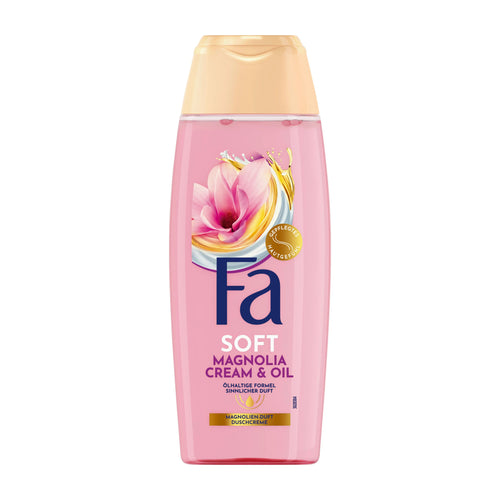 Plastic bottle of Fa Soft Magnolia Cream & Oil shower cream on a white background