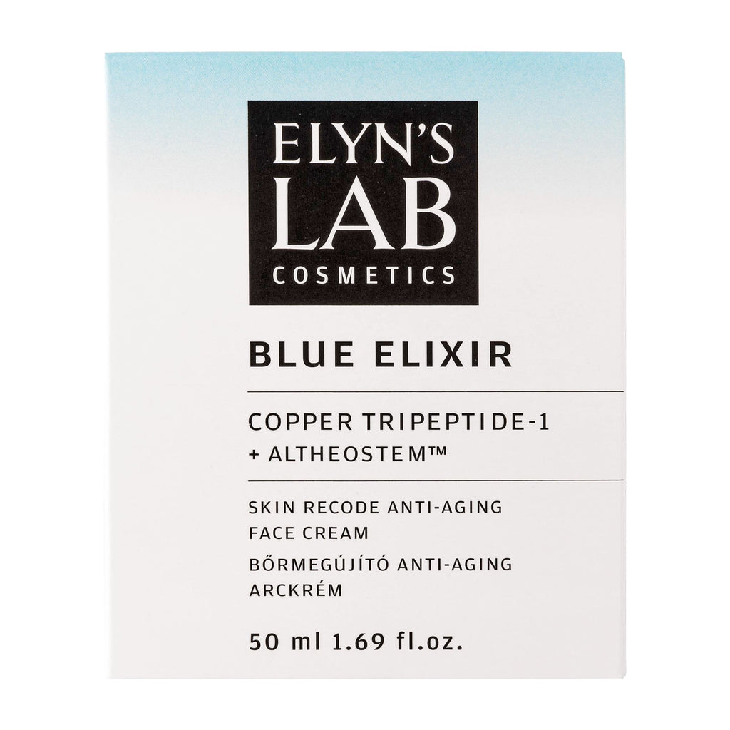 Elyn's Lab Cosmetics Blue Elixir face cream packaging on a white background